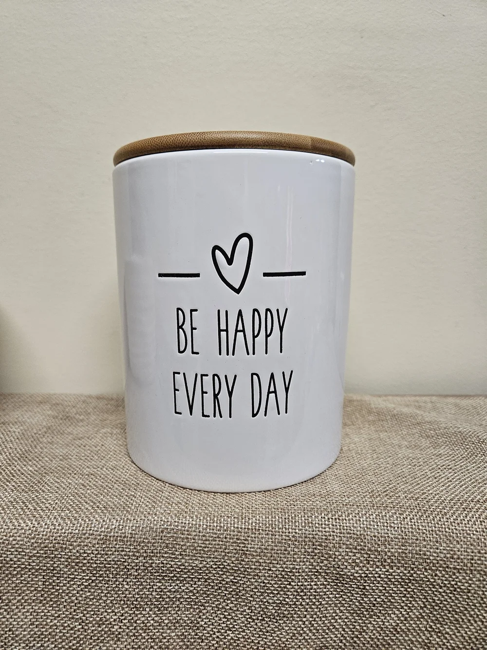 Canister with Lid and 'Be Happy Every Day' Text